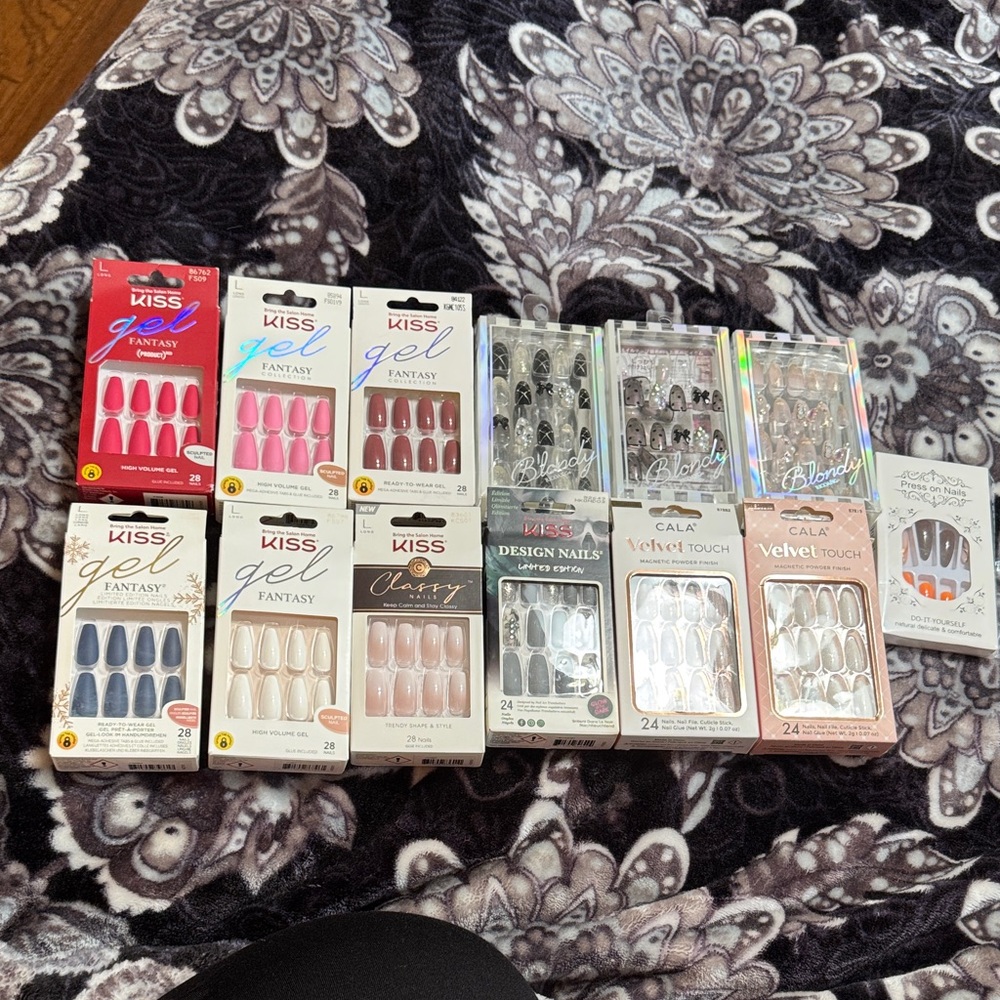 NWT Kiss Go Fantasy and Velvet Touch Long Nail Sets Variety - Pink, Blue, Black.